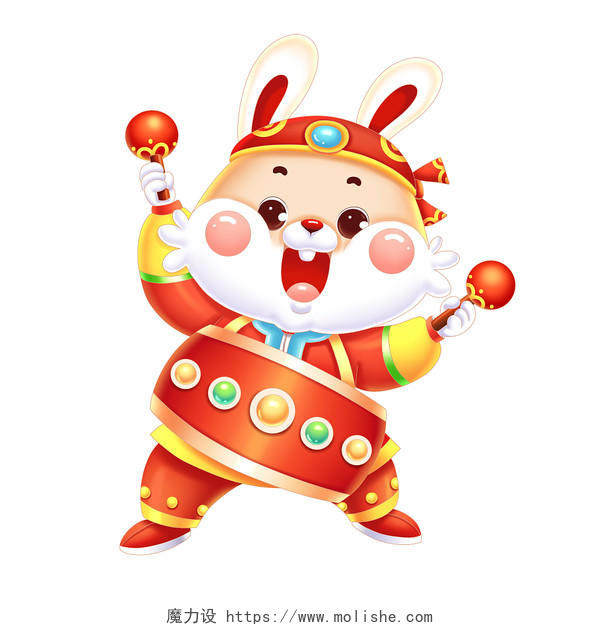 兔年兔子打鼓敲鼓2023年卡通生肖新春新年春节png素材兔年新年兔子